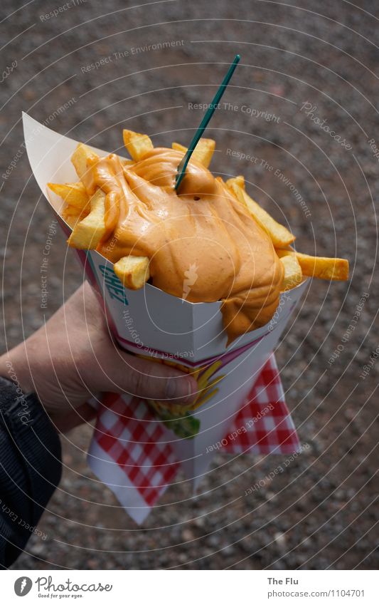 Delicious Belgian fries with Americaine sauce French fries Mayonnaise Nutrition Eating Fast food Finger food Belgian cuisine plastic fork chip bag Overweight