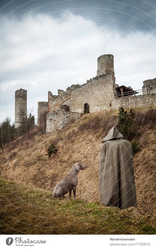 Shepherd or monk.... Human being 1 Grass Castle Ruin Manmade structures Architecture Tourist Attraction Monument Animal Pet Dog Stand Wait Dark Together Brown