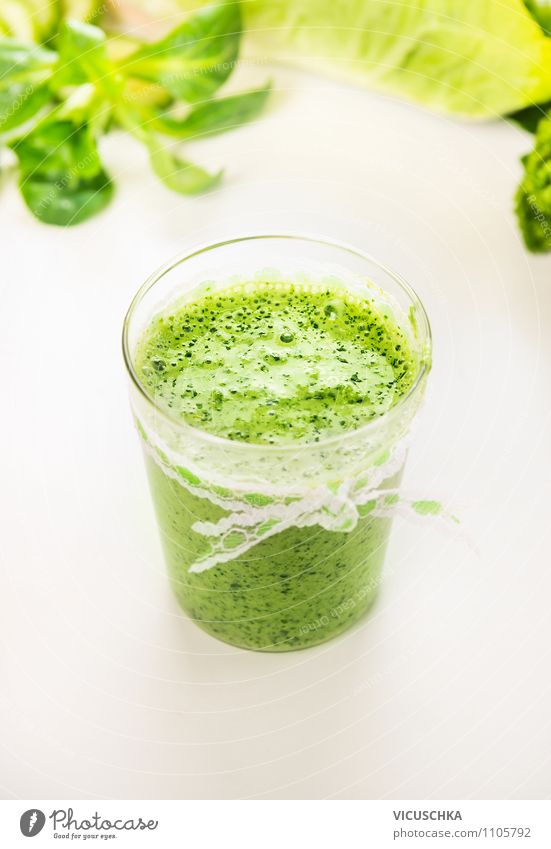 Green Smoothie in glass Food Vegetable Lettuce Salad Fruit Nutrition Organic produce Vegetarian diet Diet Beverage Juice Glass Style Design Healthy Eating