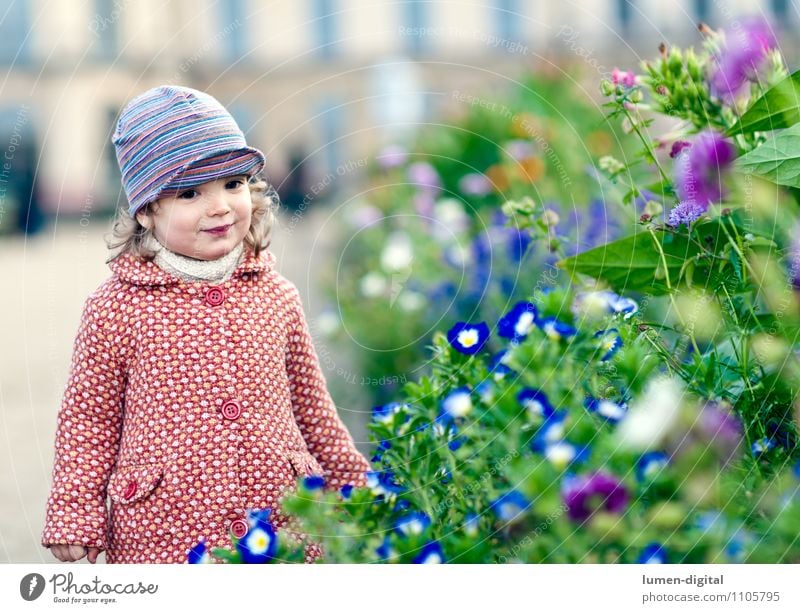 Child with flowers Joy Happy Girl 1 Human being Nature Autumn Flower Park Coat Cap Smiling Stand Friendliness Small Happiness on one's own youthful