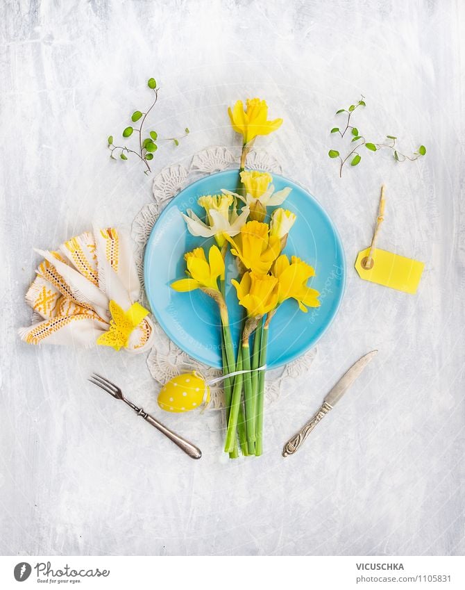 Easter table decoration with daffodils and eggs Banquet Crockery Plate Cutlery Style Design Flat (apartment) Interior design Decoration Table Kitchen Event