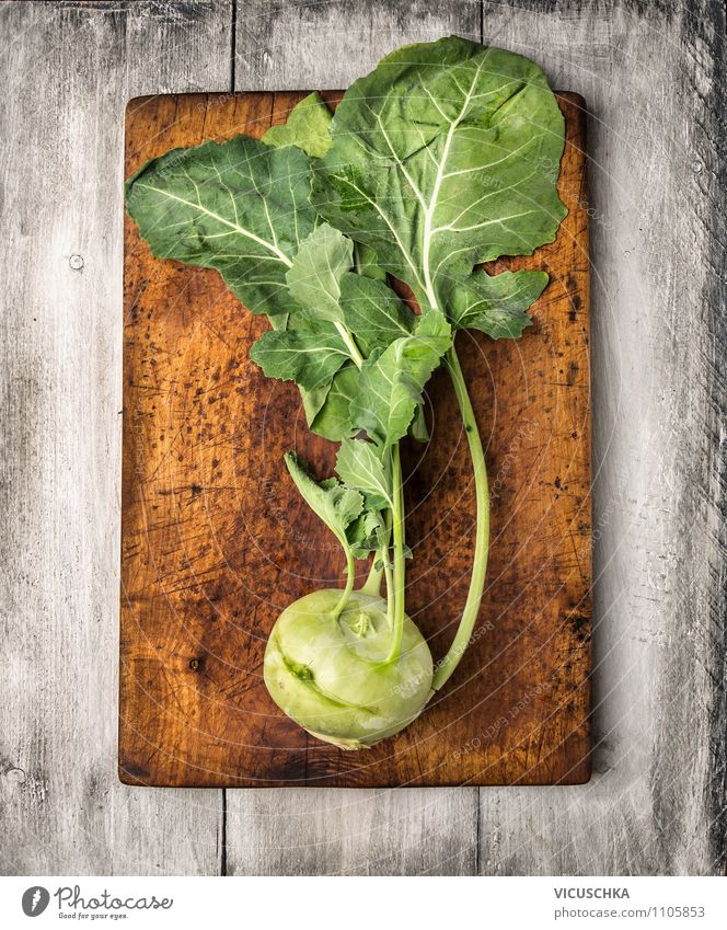 Kohlrabi with leaves on old chopping board Food Vegetable Nutrition Organic produce Vegetarian diet Diet Style Design Healthy Eating Life Summer Garden Table