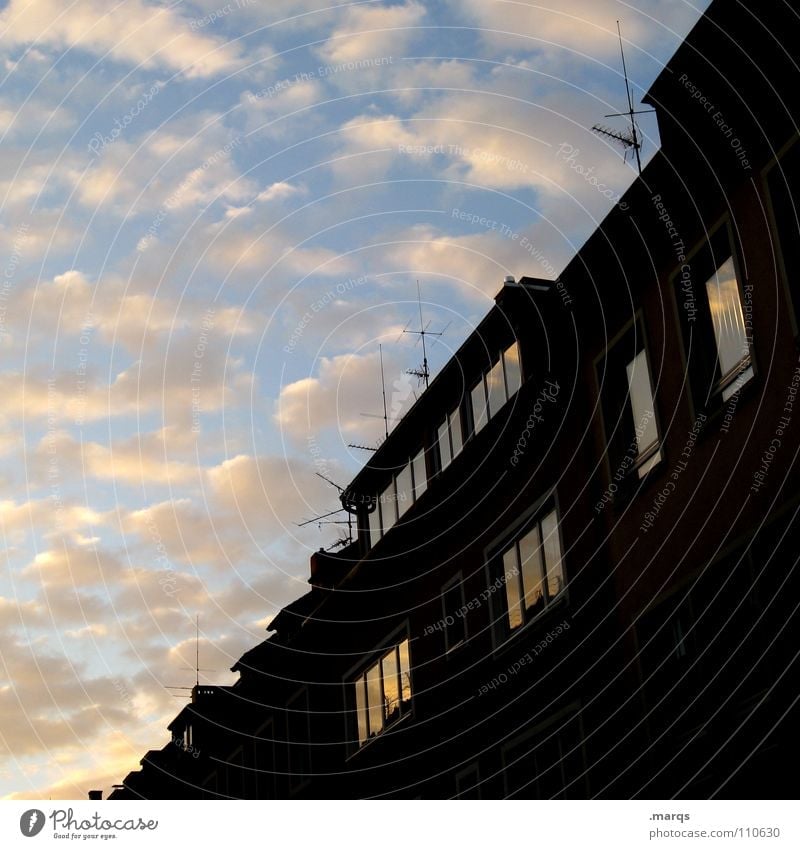 fifty-fifty Half Diagonal House (Residential Structure) Building Window Reflection Clouds Twilight Dark Antenna Roof Black Colouring Vanishing point Autumn Sky
