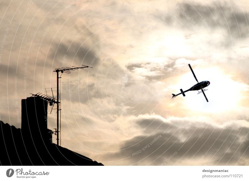 Extreme oblique position Helicopter Roof Radio (broadcasting) Antenna Clouds Pink Gray Black Back-light Silhouette Dazzle Airplane Insect Ascending Aircraft