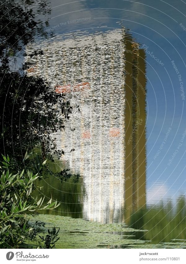 (11Pw) Panel construction in the Pfuhl Sky Summer Tree Park Pond Prefab construction Inspiration Nature Surrealism Undulating Tower block GDR Illusion