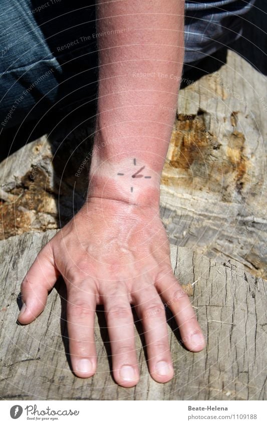 top-secret time of day. Clock Human being Masculine Arm Hand 1 Wristwatch Wood Sign Time Draw Sit Moody Joy Creativity Whimsical Colour photo Exterior shot
