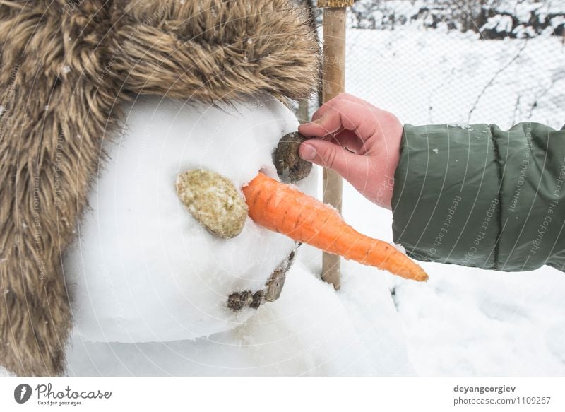 Snowman in the yard Joy Happy Face Playing Winter Feasts & Celebrations Man Adults Scarf Hat Smiling Authentic White cold Carrot Seasons christmas nose holiday