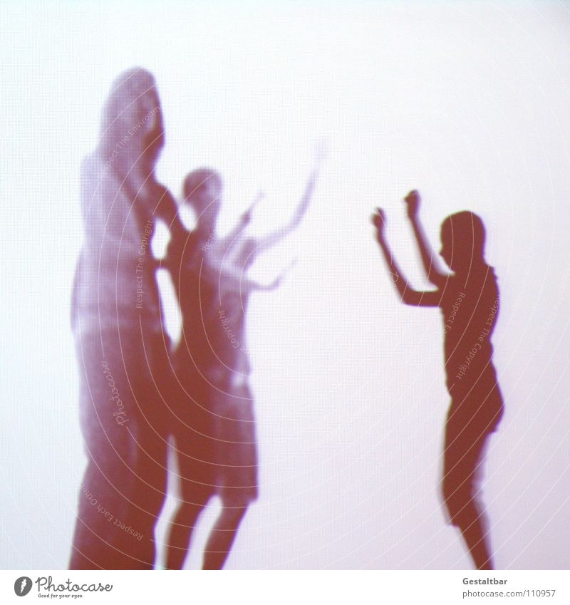 Shadow play 14 Woman Child Childlike Silhouette Take a photo Mysterious Stand Formulated Exhibition Projection screen Movement Joy Raise arms