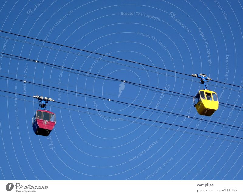 Sideways Cable car Above Abseil Driving Movement Ski lift Summer Winter Strong Steel Red Yellow Encounter Hello Right Left Transport Playing Aviation