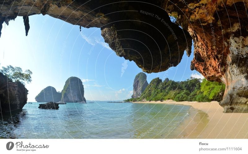 Clear water, blue sky at cave beach Phra Nang Beautiful Relaxation Vacation & Travel Tourism Trip Summer Beach Ocean Island Nature Landscape Sand Sky Horizon