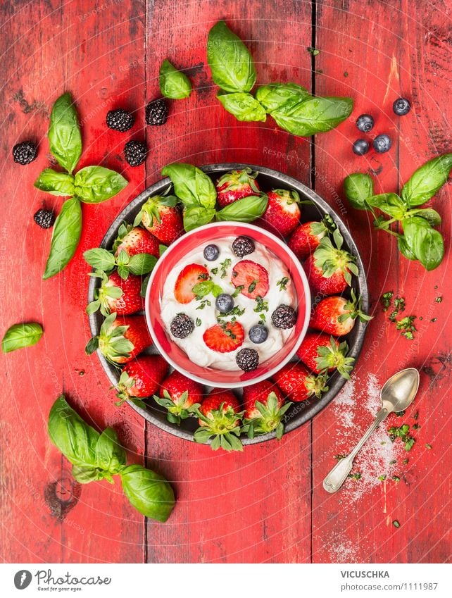 Strawberries with basil, berries, quark and sugar. Food Fruit Dessert Candy Herbs and spices Nutrition Breakfast Organic produce Vegetarian diet Diet Bowl Spoon