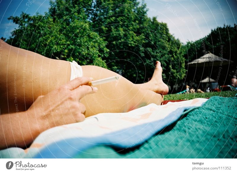 in the open air Summer Open-air swimming pool Cigarette Towel Bath towel Meadow Tree Green Grass Woman Hand Lomography Smoking Sky Legs