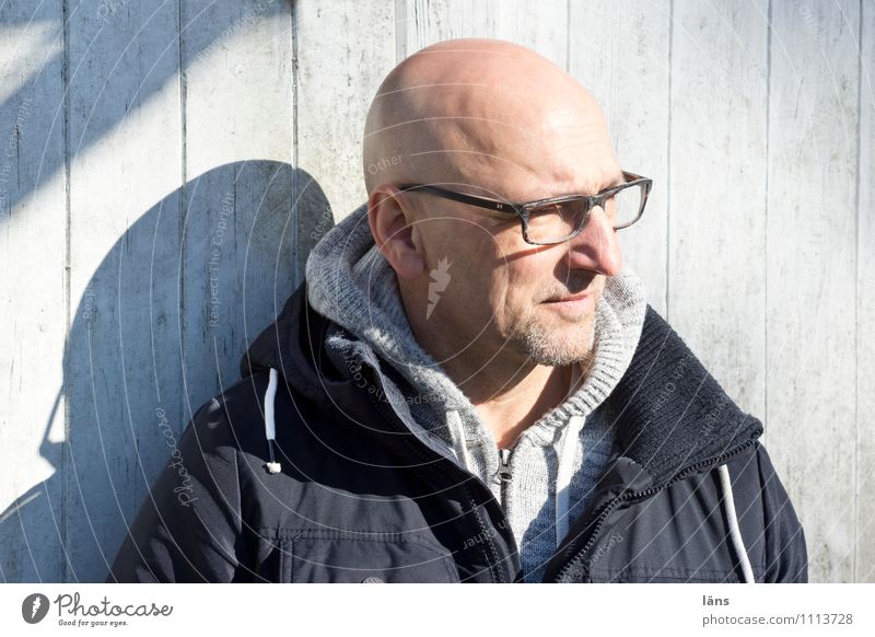 March sun Man Bald or shaved head Portrait photograph Head Human being Wooden wall