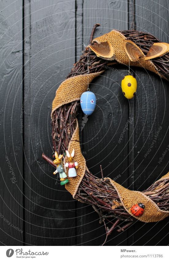 Easter wreath of the fifth Wood Anticipation Wreath Easter egg Door Decoration Easter egg nest Blue Yellow Spotted Plaited Handcrafts Home-made Colour photo