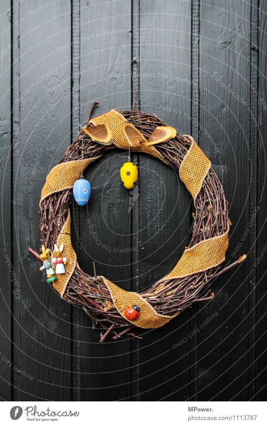 osterkranz the fourth Wood Anticipation Easter Wreath Easter egg Door Decoration Easter egg nest Blue Yellow Spotted Plaited Handcrafts Home-made Colour photo