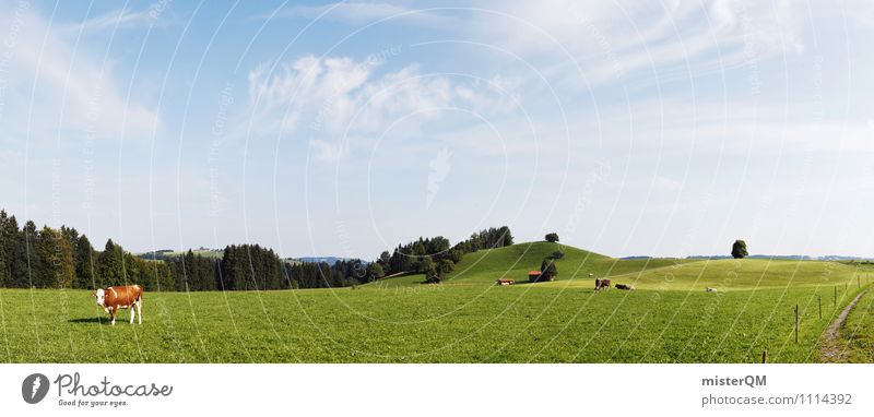 Bavarian vastness. Environment Nature Landscape Esthetic Idyll Peaceful Mountain Hill Alpine pasture Cow Dairy cow Blue sky Meadow Green Germany Pre-alpes