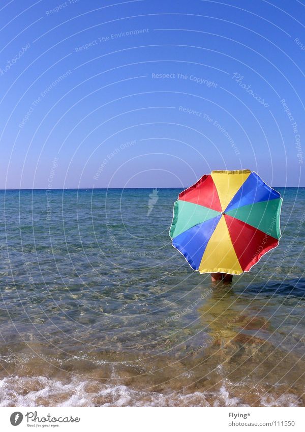 Blue&Colored Multicoloured Ocean Horizon Striped Umbrella Air Protective Summer Beach Coast Safety Empty sunshade colorful umbrella Free Far-off places Water