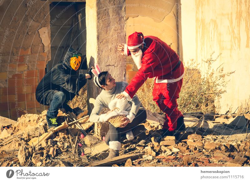 Harassing the Easter Bunny Joy Hallowe'en Man Adults Ruin Building Threat Funny holiday disguise Slapstick Hold Santa Claus Christmas Monster Joke Threaten
