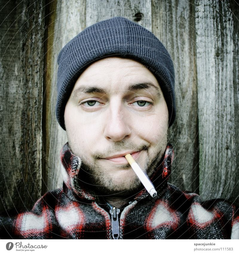 Just smoking (1) Man Portrait photograph Cap Smoking Cigarette Tobacco Tobacco products Inhale Smoke Unhealthy Nicotine Crazy Whimsical Joy