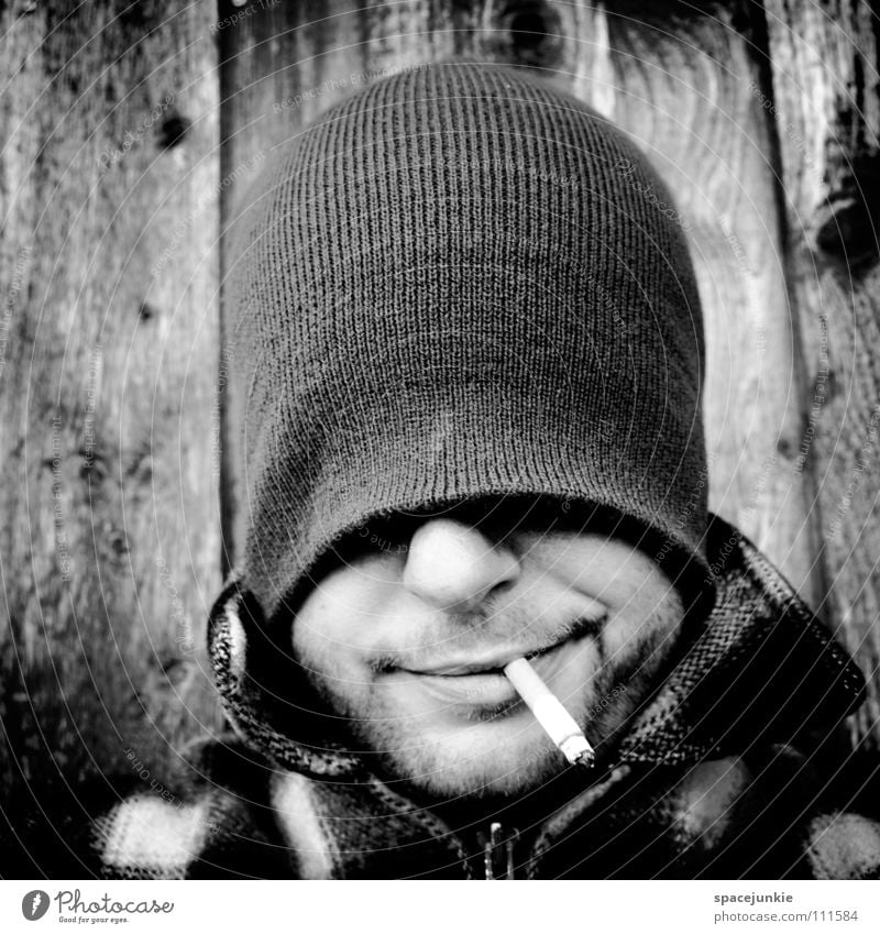Just smoking (2) Man Portrait photograph Cap Smoking Cigarette Tobacco Tobacco products Inhale Smoke Unhealthy Nicotine Crazy Whimsical Joy Black & white photo