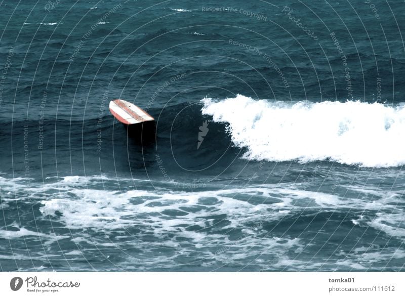 Open Water Surfboard Red Striped Aquatics Dive Wet Ocean Europe Waves Surfing Spain Shark Dangerous Drown Miss Go under Accident Float in the water Wood Eerie