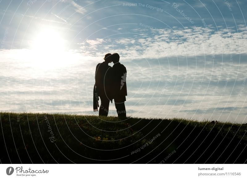 Couple in backlight Human being Masculine Feminine Nature Sun Heart Love Attachment Subdued colour Day Light Shadow Contrast Silhouette Sunlight Sunbeam