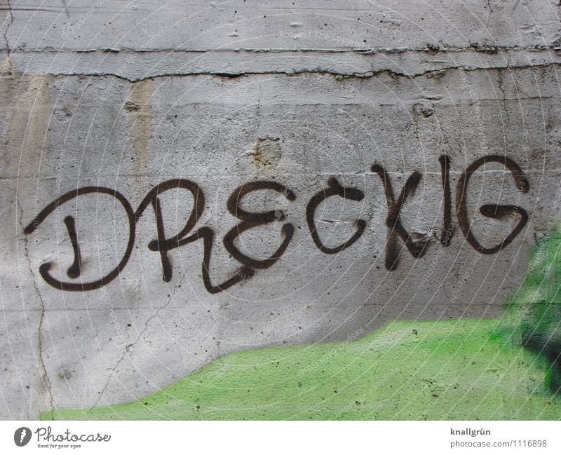 DRECKIG Wall (barrier) Wall (building) Facade Characters Graffiti Communicate Dirty Town Gray Green Black Emotions Concrete Concrete wall Colour photo
