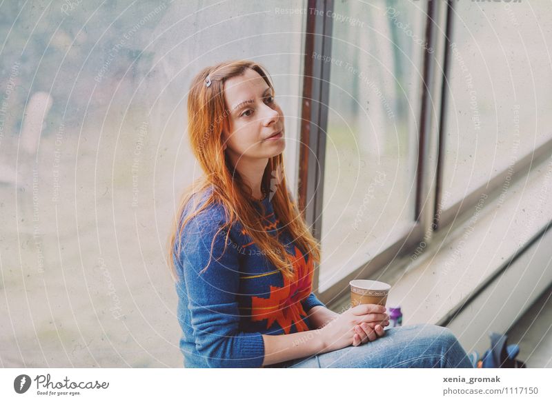 Woman at the window, coffee, dreamy Lifestyle Elegant Style Design Joy Leisure and hobbies Feminine Young woman Youth (Young adults) 1 Human being 18 - 30 years