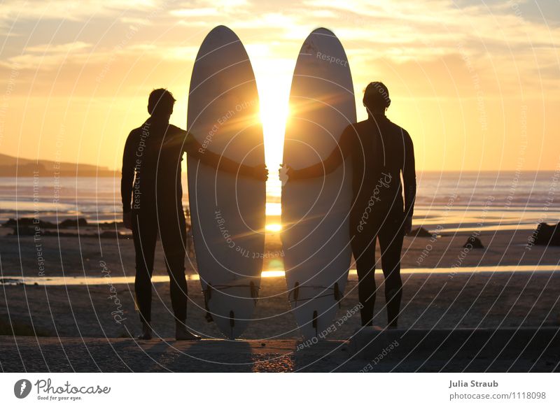 surfers Surfboard Masculine Man Adults Friendship 2 Human being 30 - 45 years Sky Clouds Sunrise Sunset Summer Beautiful weather Beach Ocean Atlantic Ocean