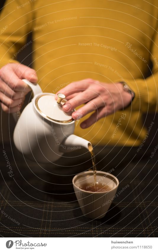 a man serve the tea Beverage Tea Black tea Pot Mug Teapot Tea cup Lifestyle Man Adults Hand Fingers 1 Human being Tablecloth To hold on Friendliness Brown