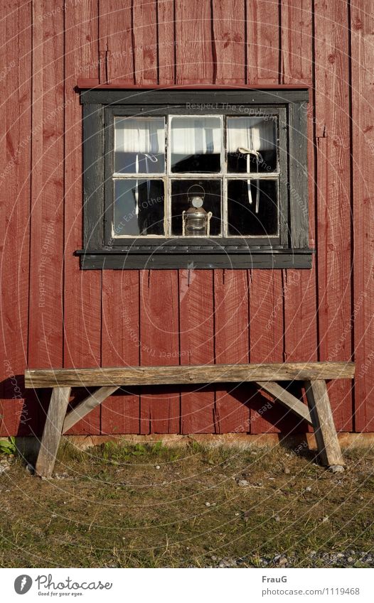 at work Summer House (Residential Structure) Bench Grass Deserted Facade Window Wood Relaxation Living or residing Red Break Lamp Bow Scandinavia Colour photo