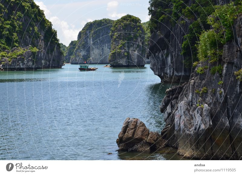HaLong Bay Nature Landscape Water Sky Clouds Summer Beautiful weather Bushes Rock Ocean Island Deserted Fishing boat Exceptional Famousness Far-off places Happy