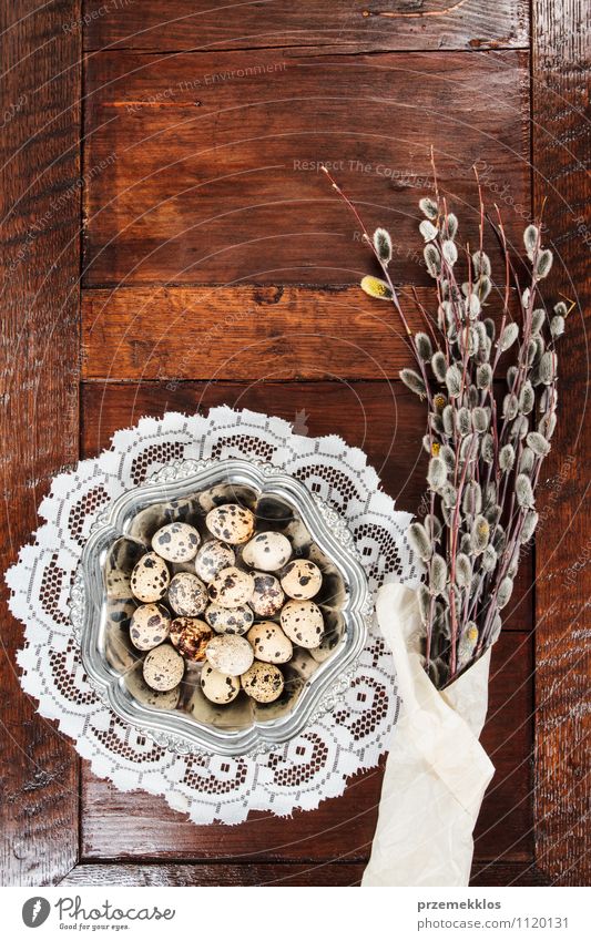 Easter composition of eggs and catkins on wooden table Decoration Table Spring Paper Metal Natural Brown Green Tradition bobwhite candid Copy Space Dish Egg