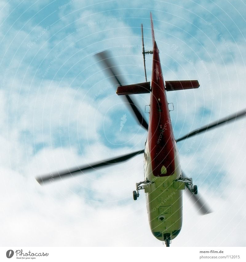 helipe Helicopter Airplane Emergency doctor Doctor Rescue Lifesaving Clouds Hover Flying Orange Blue Blue sky flight Rotor crash flying doctors air rescue