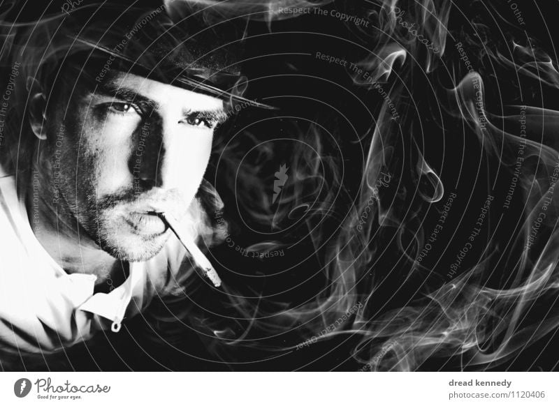 smoker's picture Human being Masculine Man Adults 1 30 - 45 years Smoking Cool (slang) Rebellious Retro Cliche Black White Vice Power Serene To enjoy Smoke