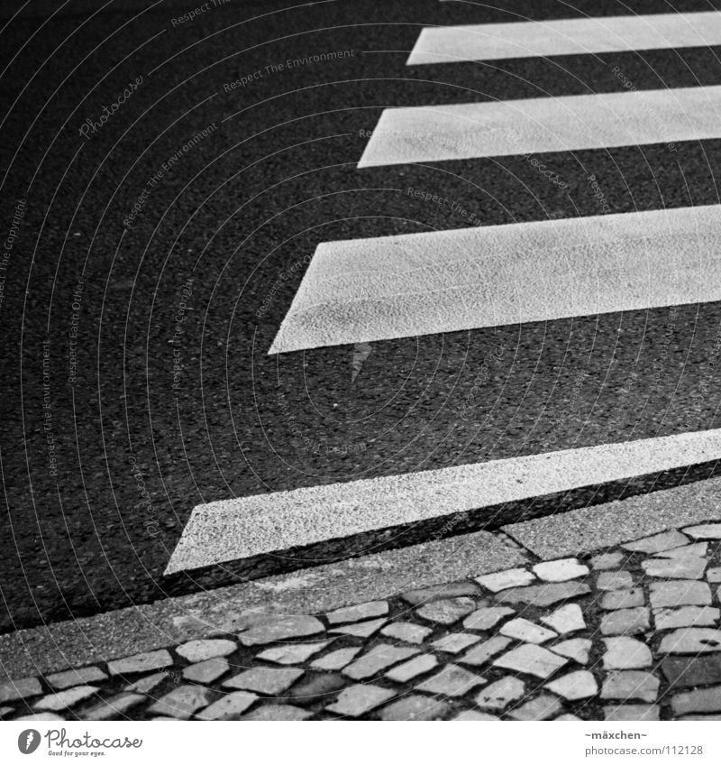 zebra crossing II Zebra crossing Street crossing Dangerous Cobblestones Curbside Black White Square Diagonal Stripe Asphalt Hard Going Traverse Yield sign