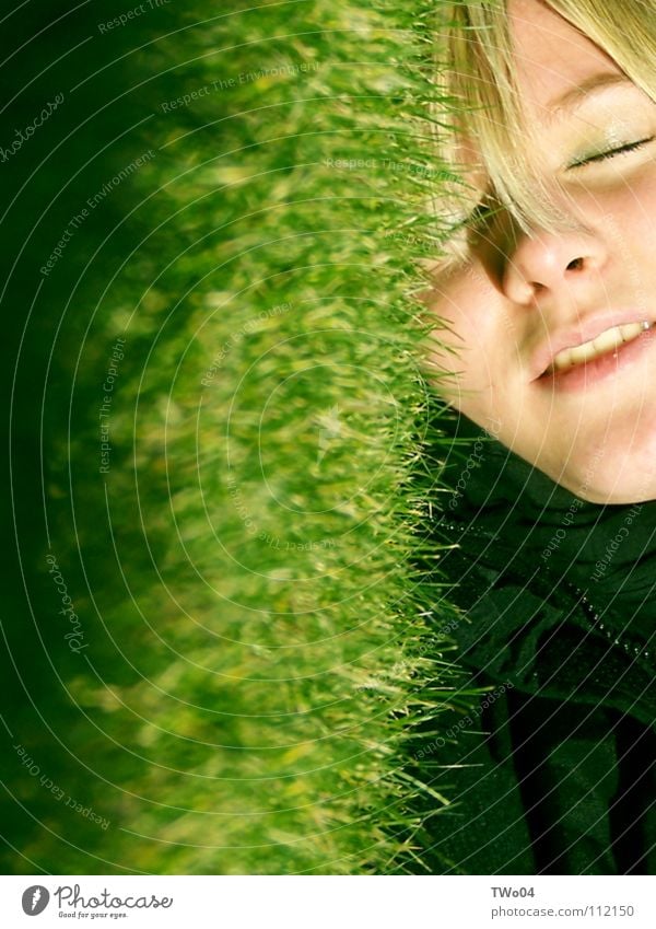 grass whispering Grass Meadow Portrait photograph Woman Blonde Blade of grass Spring Lawn