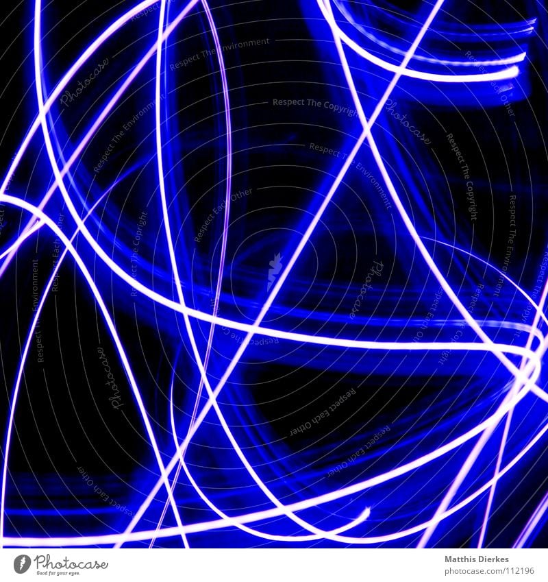 play of light III Artificial light Light art Lighting design Visual spectacle Tracer path Strip of light Muddled Whorl Dark background Neon blue Abstract