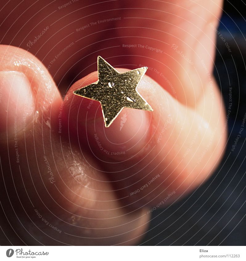 Christmas. A little gold star on one finger Christmas & Advent by hand Fingers Near Wet Gold Wary Delicate Celestial bodies and the universe Star (Symbol)