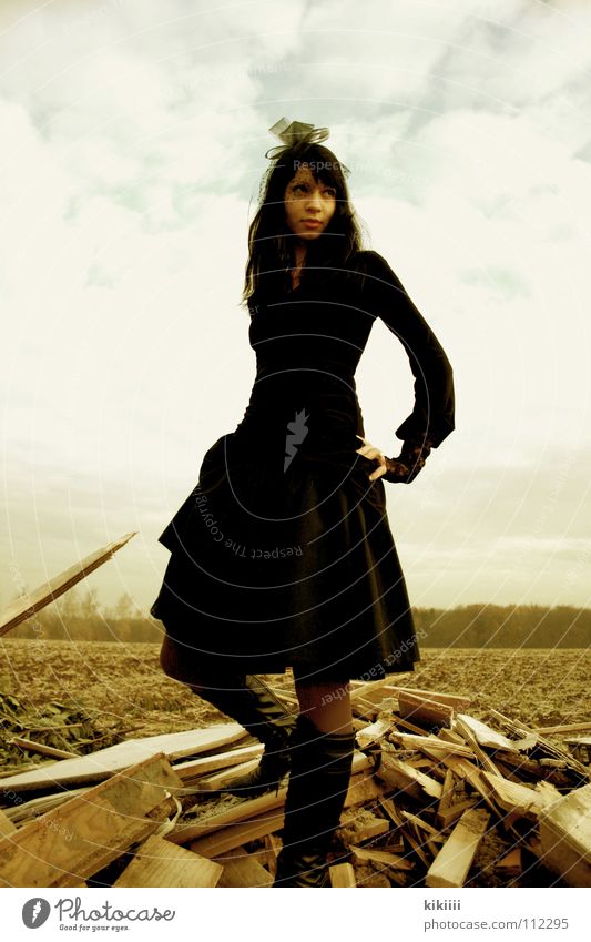 lady in black Funeral pyre Field Cold Winter Clouds Yellow Black Vail Dress Wood Grief Arrogant Exterior shot Historic Derelict Autumn Dark-haired Sky