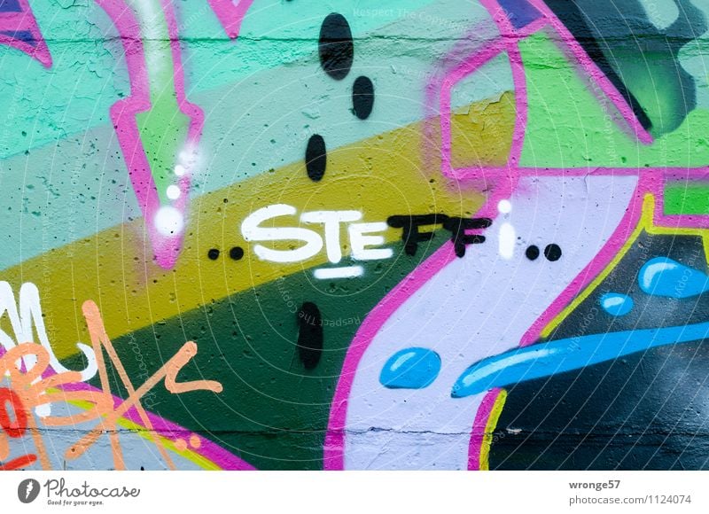 ..STEFFI.. Wall (barrier) Wall (building) Concrete Characters Graffiti Town Multicoloured Concrete wall Name Colour photo Exterior shot Close-up Deserted