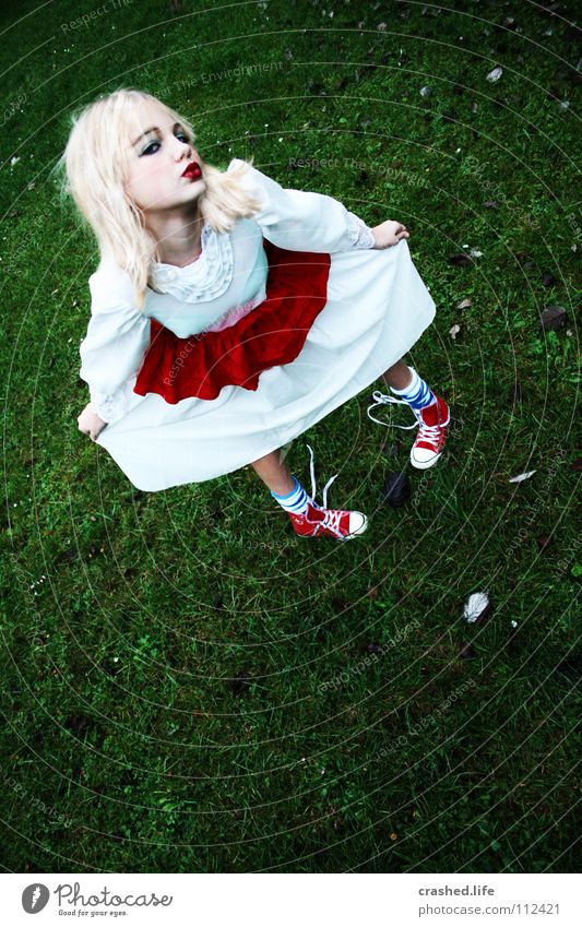 Alice in Wonderland Kissing Dress Red White Green Chucks Stockings Blonde Leaf Lipstick Eyeliner Wearing makeup Sneakers Girl Make-up Ball gown Glamor Feminine