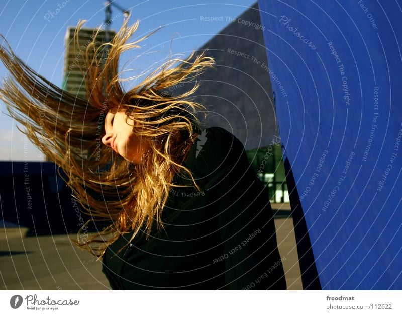 Hair punch Action Dearest Beautiful Light Concrete Roof Frozen Swing Barcelona Spain Woman Hair and hairstyles Flying Movement Dynamics archictecture siana