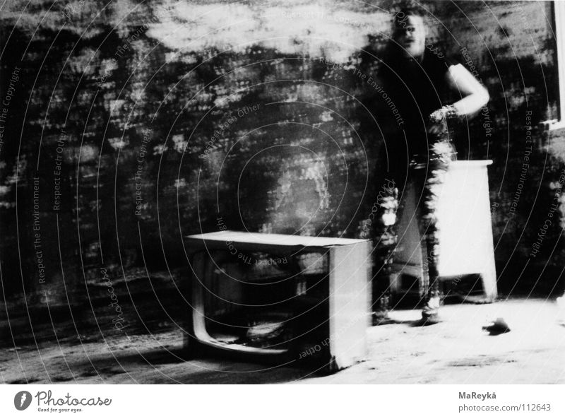 The TV Show TV set Shatter Derelict Black & white photo Feeble Destruction black woman Loneliness Mold Blur