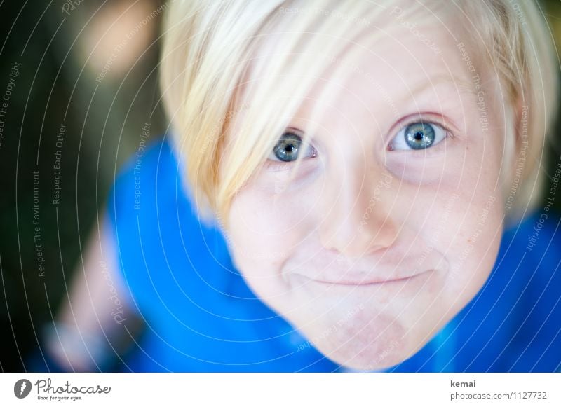 Blond boy looks cheekily into camera Human being Masculine Child Boy (child) Life Head Eyes 1 3 - 8 years Infancy Hair and hairstyles Blonde Smiling Looking