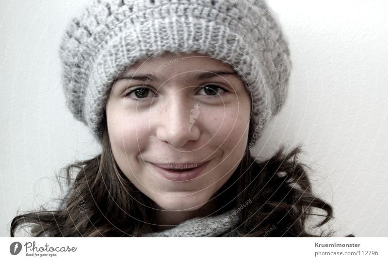 Joy Girl Cap Curl Brown Grinning Beautiful Portrait photograph Winter has Laughter happy Life