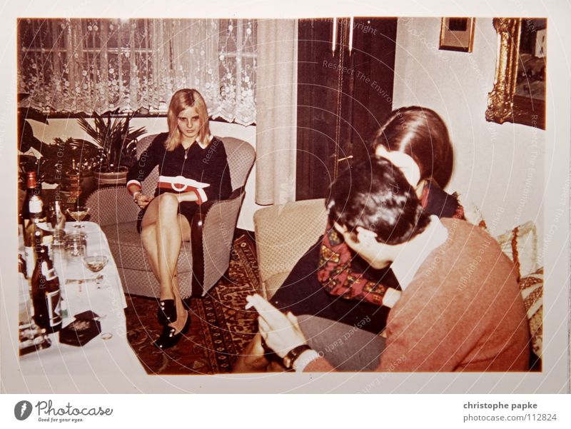 Bored Woman Seventies Retro Armchair Carpet Biedermeier Petit bourgeois Blonde Footwear Living room Bottle of beer Boredom Group 1970 Hippie Scan To talk Legs
