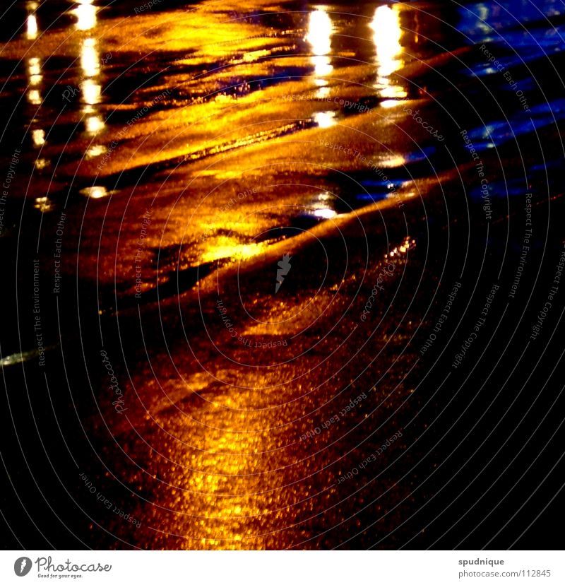 sunset Light Reflection Night Puddle Cold Black Surface Asphalt Calm Loneliness Traffic infrastructure Autumn Beautiful Street Rain Water Blue Orange Deep