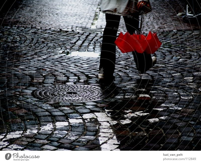 ... after the rain Umbrella Town Dark Wet Cobblestones Going Red Exterior shot Woman Traffic infrastructure Rain Smoothness Reflection Street To go for a walk