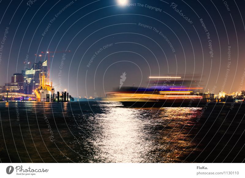 Movement on the Elbe Water Moon Full  moon Waves River Hamburg Town Port City Downtown Harbour Landmark Transport Means of transport Traffic infrastructure